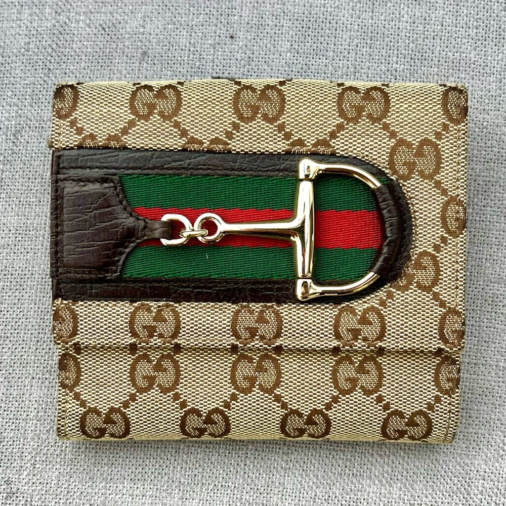 Gucci GG Rare Neutral Canvas Monogram Web Canvas Compact Wallet - Picture 1 of 9